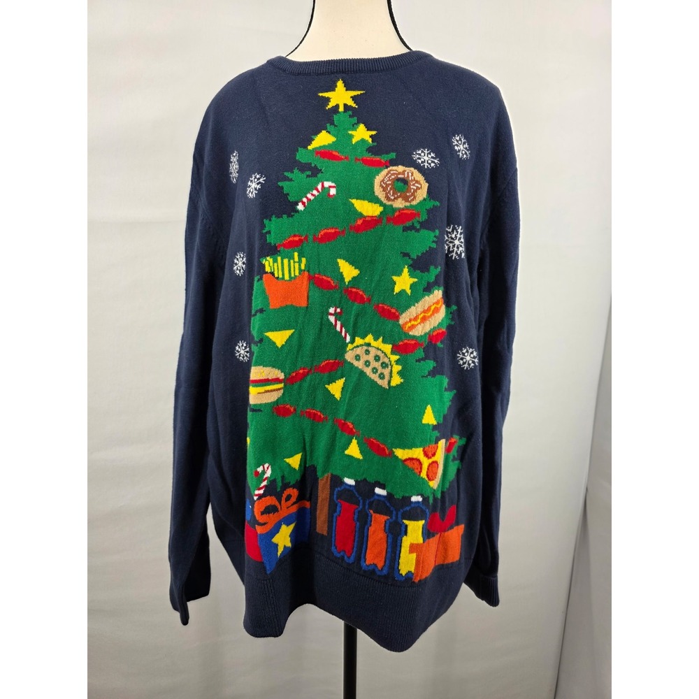Route 66 Womens XXL Ugly Christmas Sweater Fast Food Tree Navy Blue Crewneck